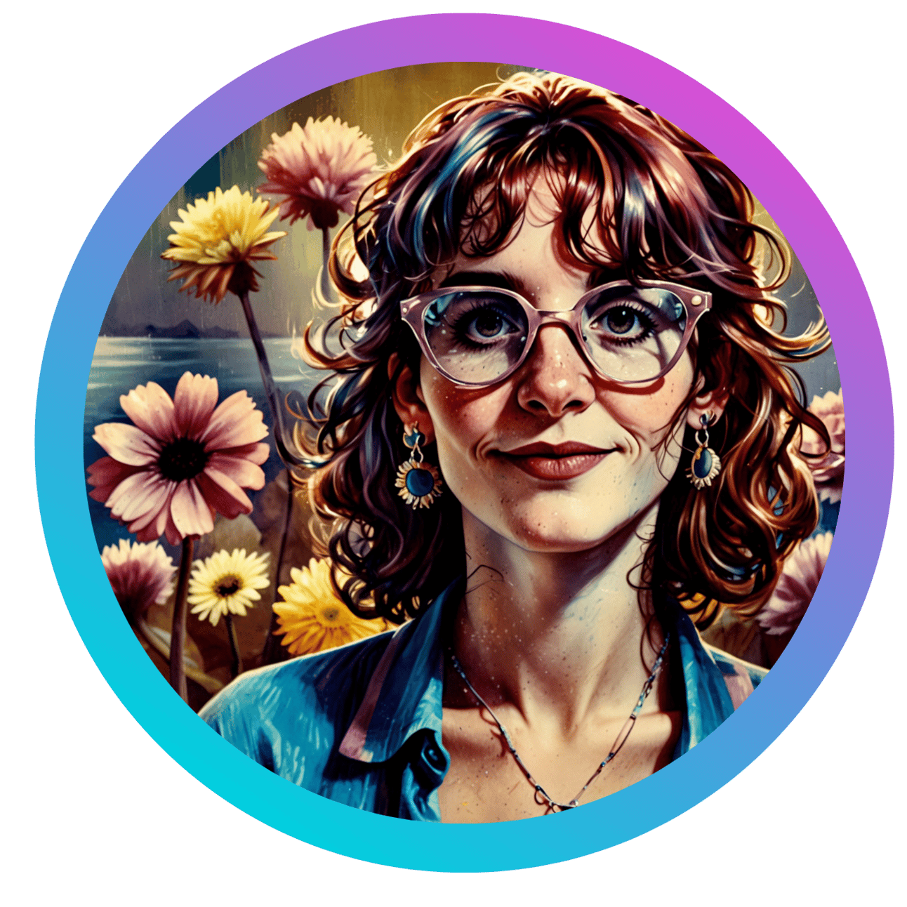 This image features a young woman with a cheerful and friendly demeanor, set against a vibrant and floral background. She has curly hair, styled in a casual and slightly tousled manner, with a few strands falling around her face. Her large, stylish glasses frame her expressive eyes, adding a touch of sophistication to her look. She is wearing a pair of playful earrings that resemble sunflowers, enhancing her lively and approachable appearance. Her outfit consists of a blue shirt with a casual fit, suggesting a relaxed and comfortable style. The necklace she wears is delicate, adding a subtle touch of elegance. The background is filled with large, colorful flowers, primarily daisies in shades of yellow, pink, and white. These flowers create a whimsical and joyful atmosphere, complementing the subject's bright and engaging presence. The setting appears to be outdoors, with hints of a scenic landscape visible in the distance, possibly a body of water and mountains under a soft, golden light. The image is enclosed in a circular frame with a gradient border transitioning from blue to purple, providing a modern and cohesive look. This artwork captures the essence of a sunny, cheerful day, filled with the beauty of nature and the warmth of a friendly personality.
