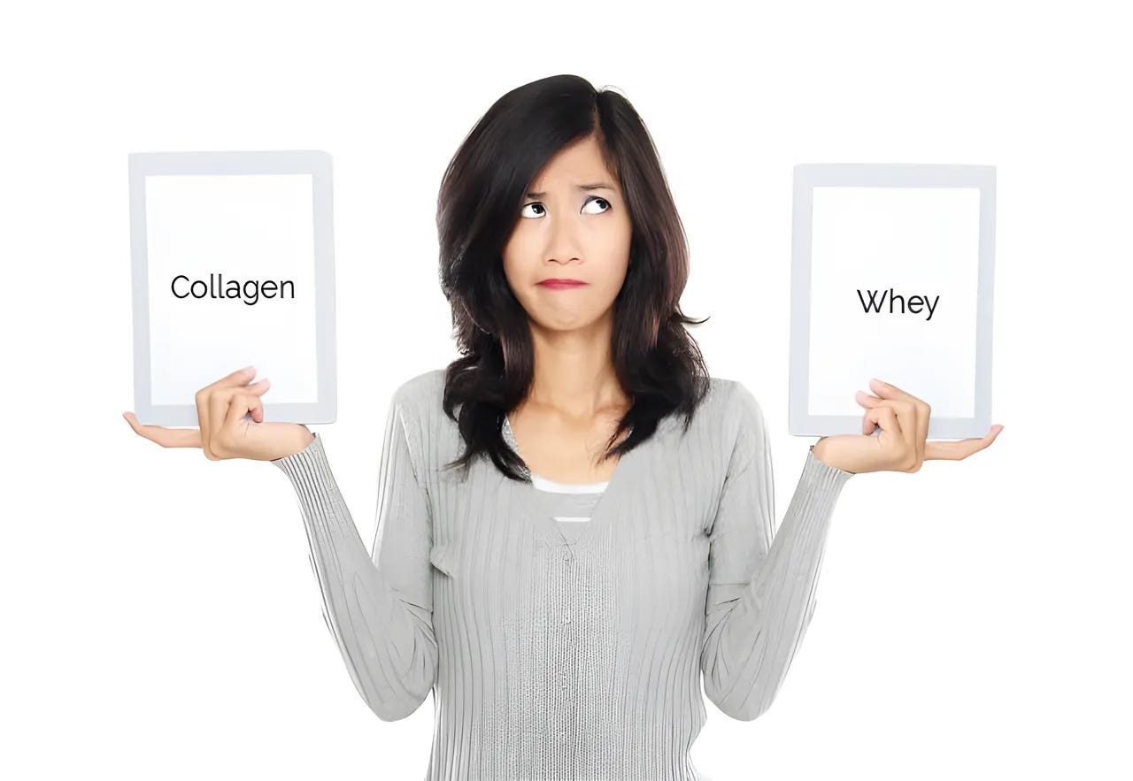 Perplexed looking women holding two signs, one reading "collagen" and one reading "whey" Perplexed looking women holding two signs, one reading "collagen" and one reading "whey"