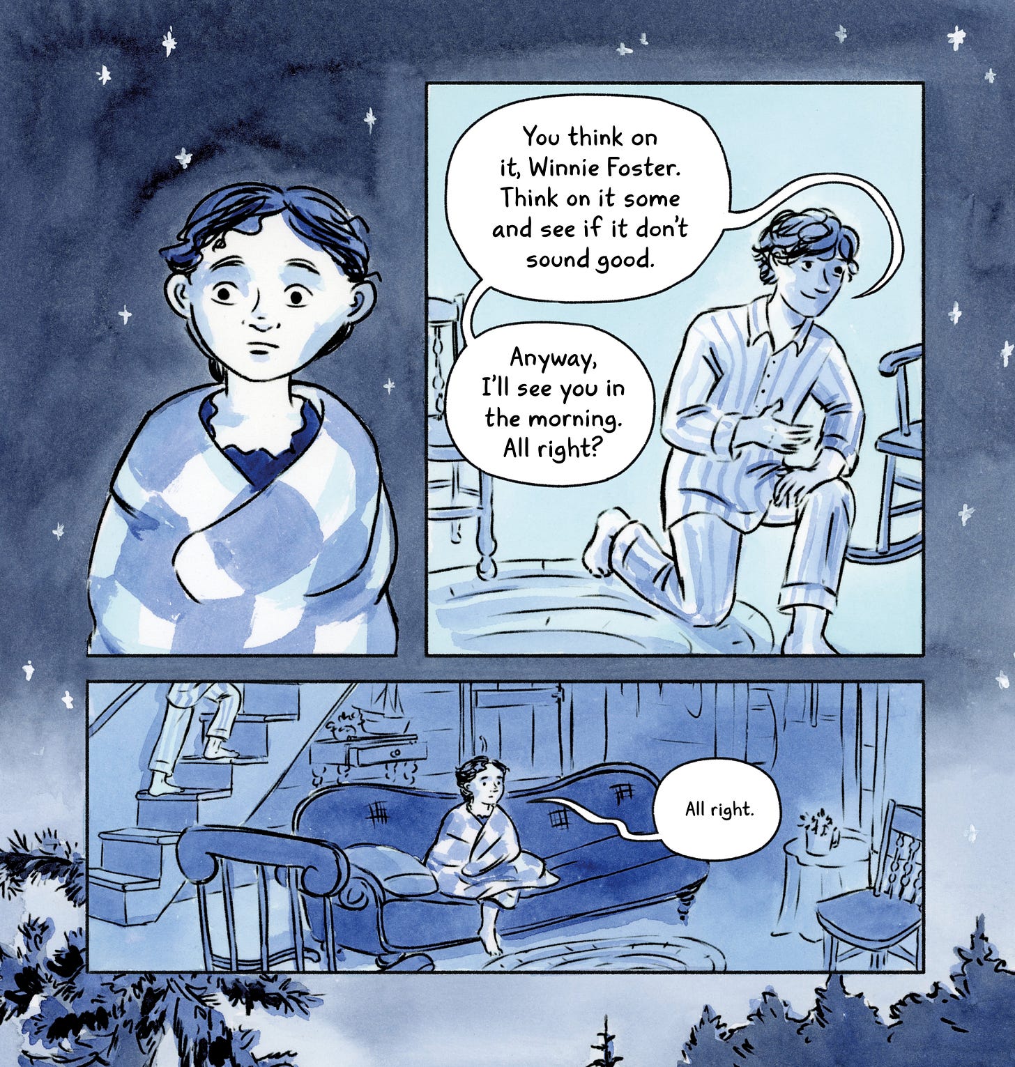 A blue watercolor page showing different text sizes in speech bubbles from Tuck Everlasting: The Graphic Novel by Natalie Babbitt and K. Woodman-Maynard
