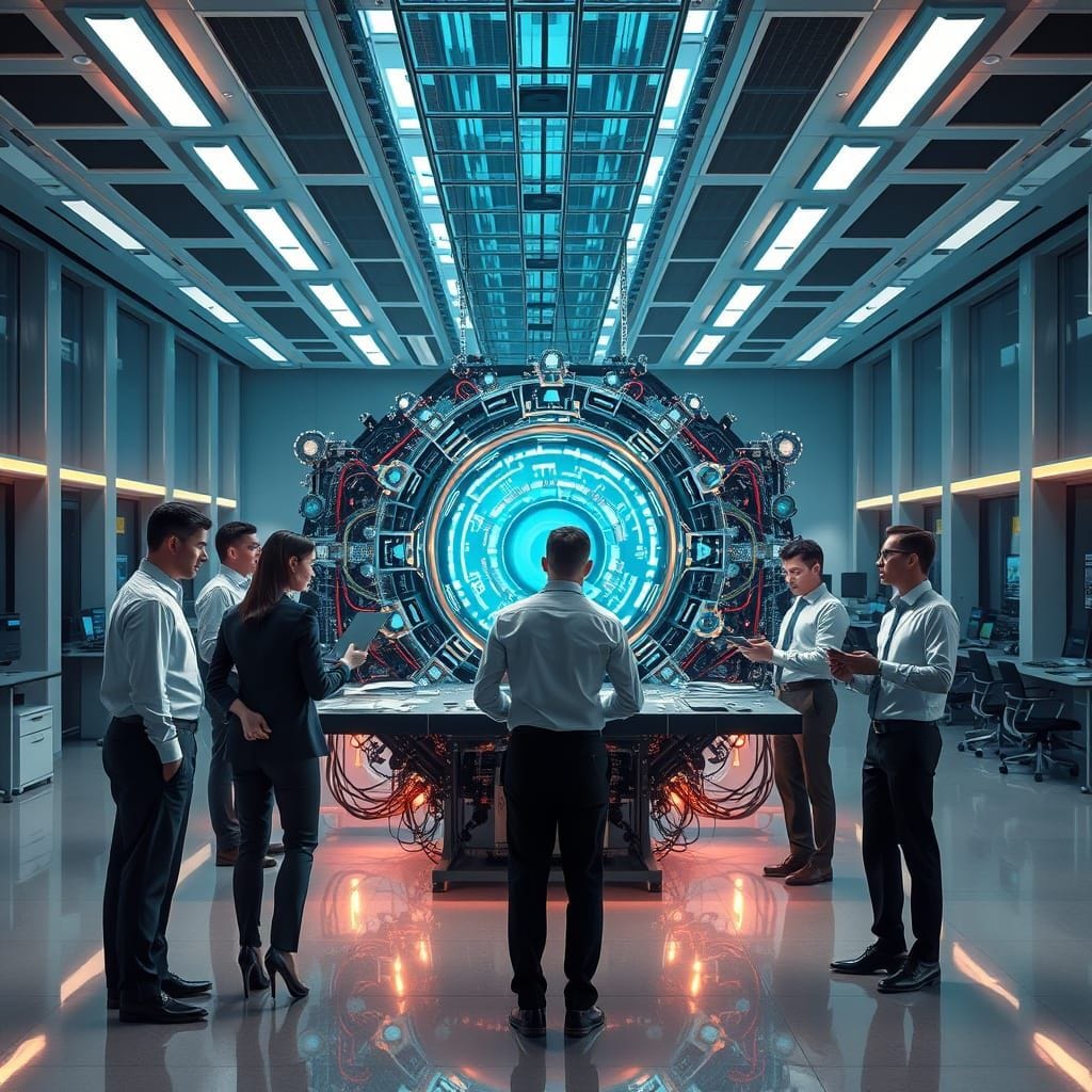 photorealistic incredible super advanced quantum computer with people working on it in a huge office wearing professiona...