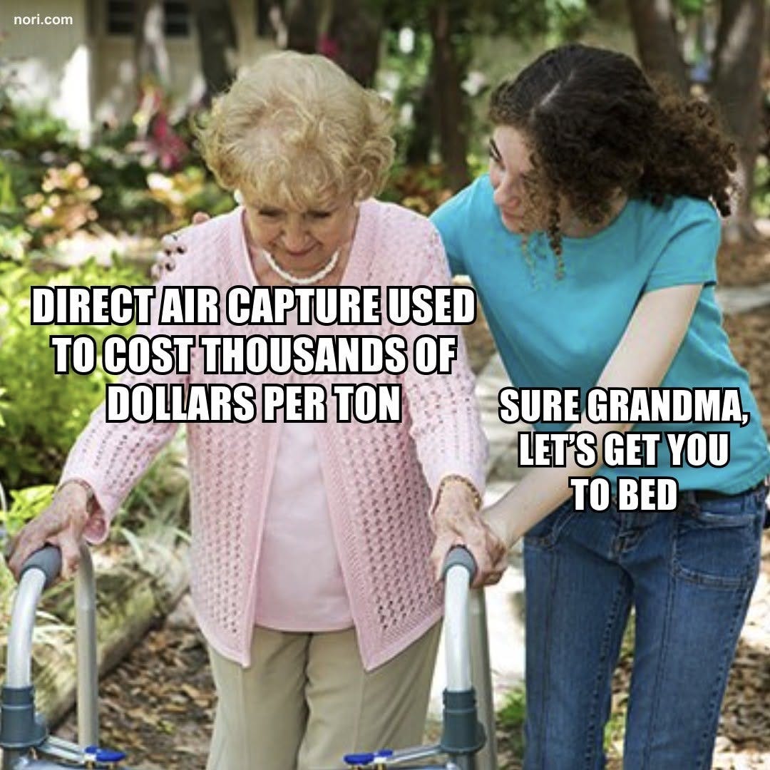 Stock photo of an elderly woman with a walker helped by a younger woman. Grandma: "Direct air capture used to cost thousands of dollars per tonne." Helper: "Sure grandma, let's get you to bed."