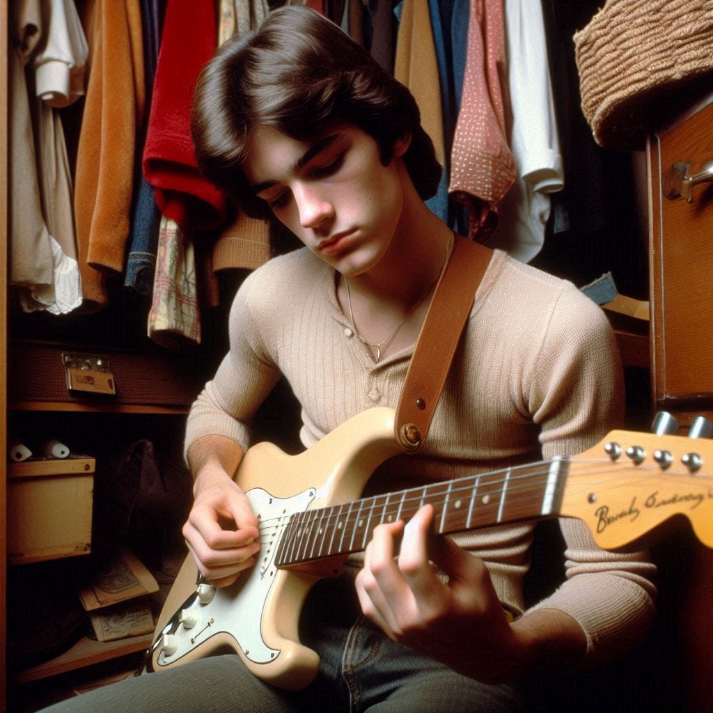 A 20-year-old white boy with dark brown hair playing a beige stratocaster guitar in a closet in brooklyn, new york in 1978