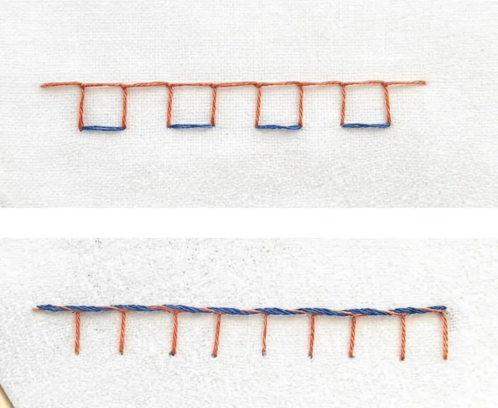 boxed blanket stitch at the top and whipped at the bottom, both are in orange and blue