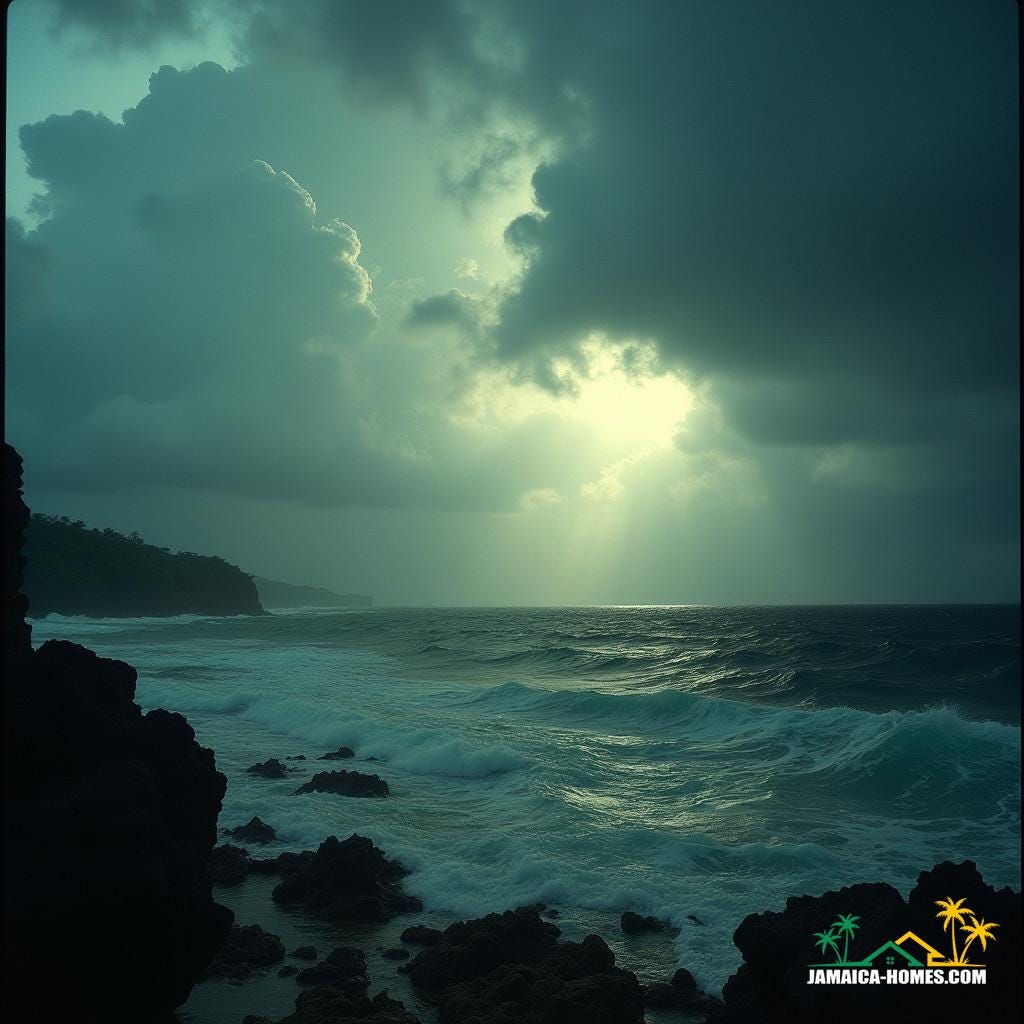 Turbulent storm clouds gather over Jamaica's rugged Caribbean coastline, as the eye of the hurricane makes landfall, capturing the raw power of nature in a heart-stopping, cinematic film still.