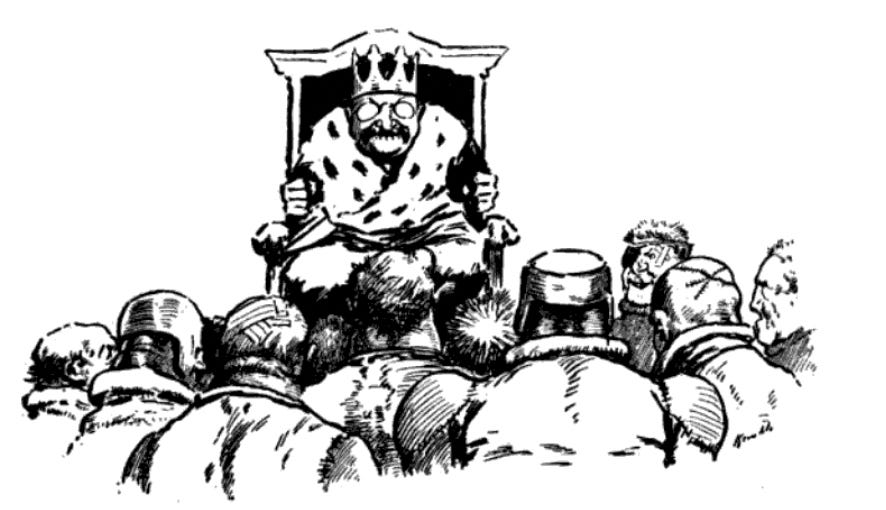 A black and white illustration of a person in a crown sitting in a chair

Description automatically generated