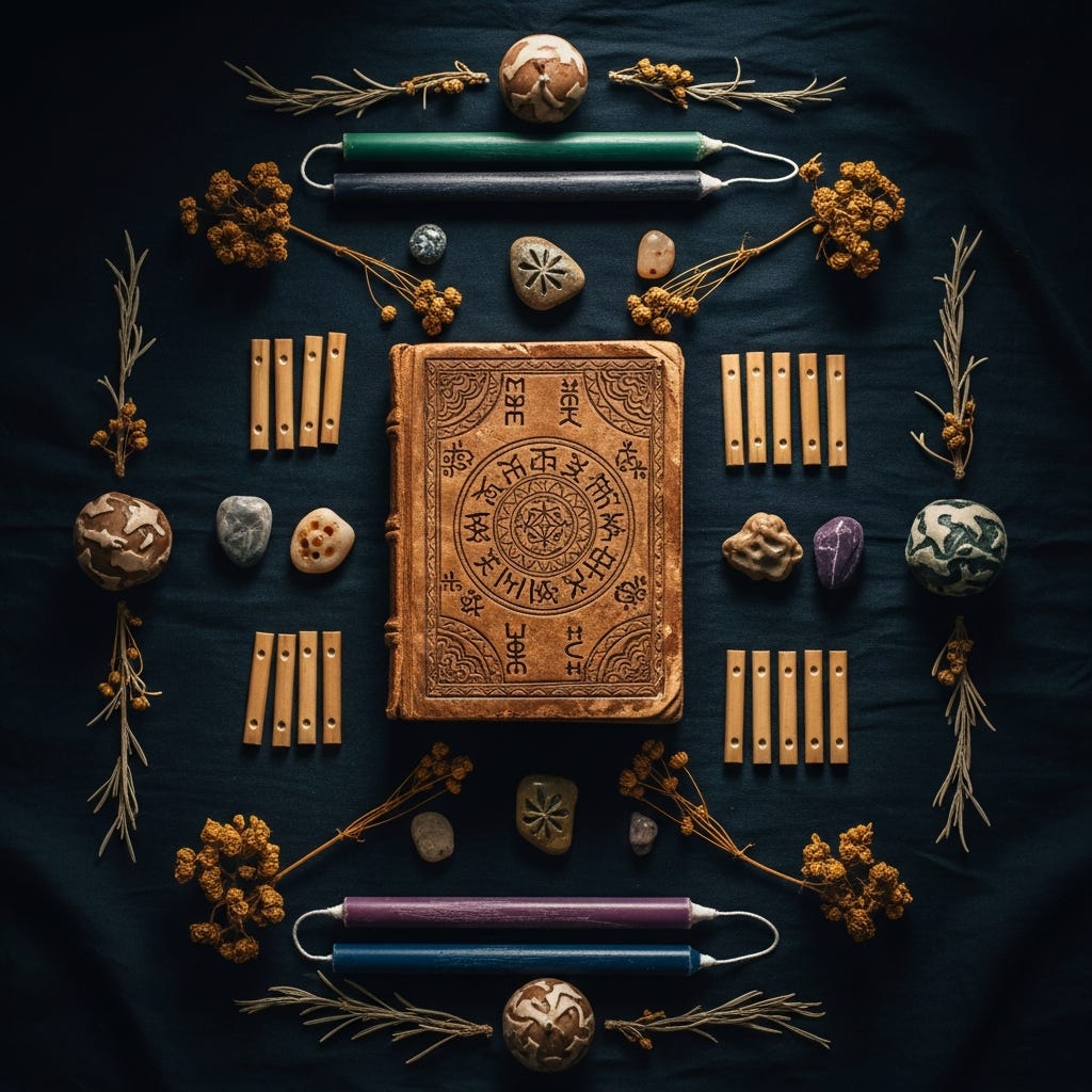 A photorealistic, cinematic flat lay shot on 35mm film depicting a symmetrical arrangement of weathered ritual objects, including an ancient, leather-bound book with symbolic carvings, colorful chime candles, stone amulets, and dried botanicals on a dark textured cloth, with dramatic chiaroscuro lighting and a vintage, mystical aesthetic.