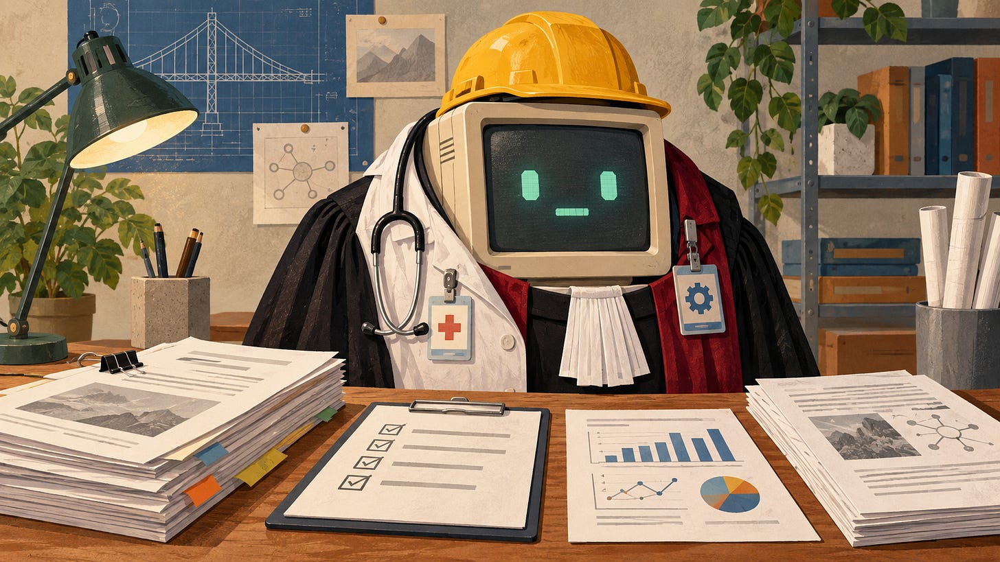 An AI terminal wears medical, legal, and engineering costumes beside a checklist, test results, and source documents. An AI terminal wears medical, legal, and engineering costumes beside a checklist, test results, and source documents.