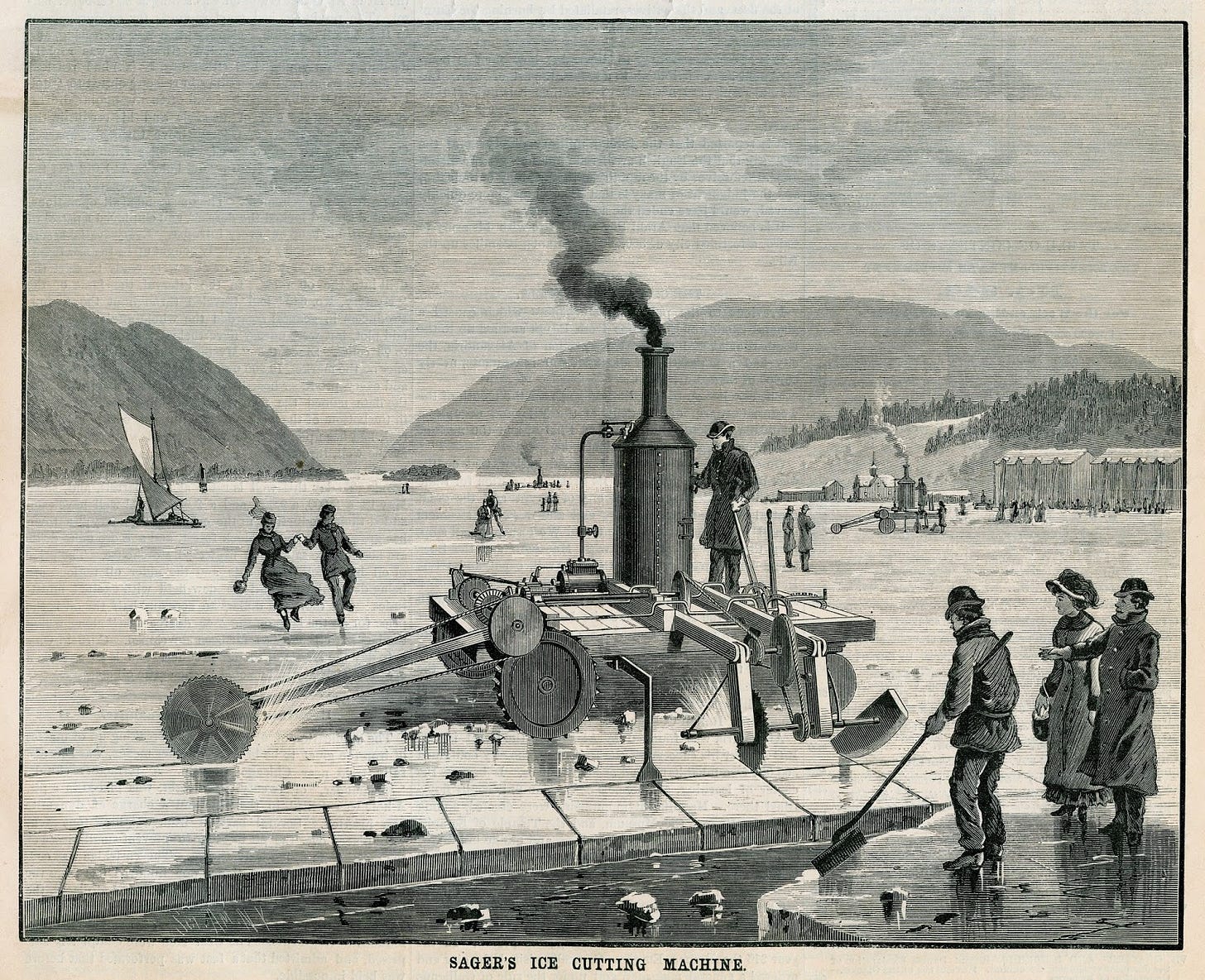 Engraving showing two Sager Ice Cutting Machines.  Source: Scientific American, July 22, 1882 [front page].