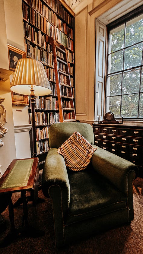 A collection of pictures of Bromley House Library, Nottingham, which has large bookshelves throughout