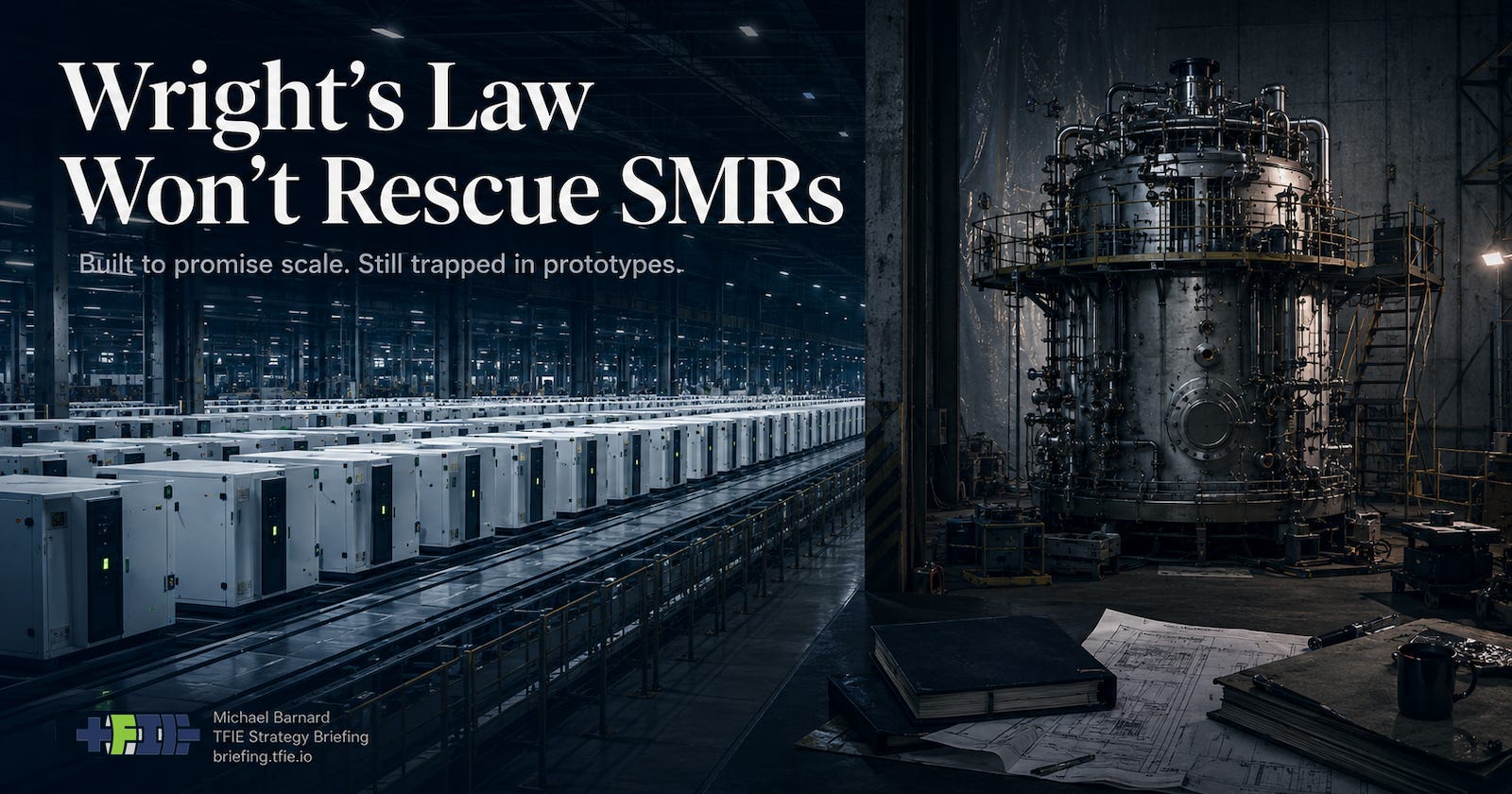 Hero graphic contrasting a clean mass-production line of identical energy equipment with a large, complex SMR prototype in a dark engineering bay, under the headline “Wright’s Law Won’t Rescue SMRs.”