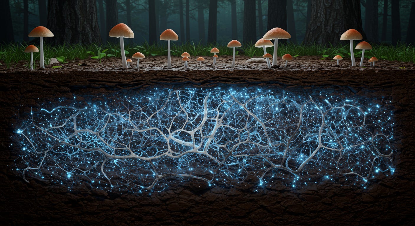 Cross-section illustration of mycelium fungal network spreading through multiple soil layers beneath tree roots, with some mushrooms emerging above ground, representing how down-ballot Democratic victories create interconnected underground infrastructure that eventually produces visible results across the political landscape.