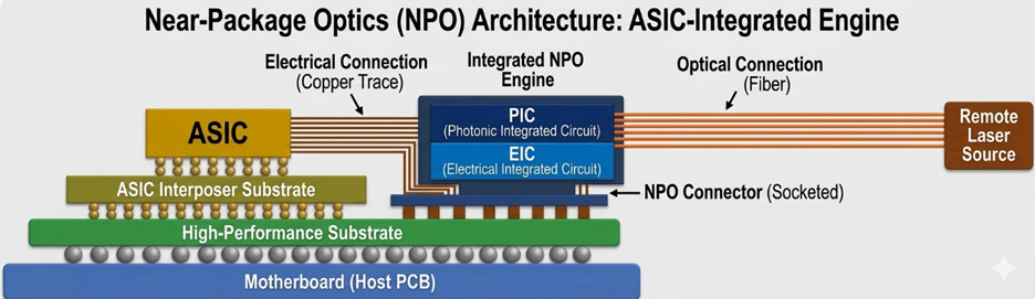 The image depicts a technical schematic showcasing the components and connections of a Near-Package Optics (NPO) architecture, including ASIC, PIC, remote laser, and various electrical and optical interfaces, culminating in a high-performance motherboard.

AI-generated content may be incorrect.