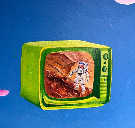 Detail shots from Pato’s mural showing two floating televisions with imagery of the moon landing and Mars, alongside a close-up of a vintage camera hanging from a saguaro arm, symbolizing media, storytelling, and perspective in journalism.