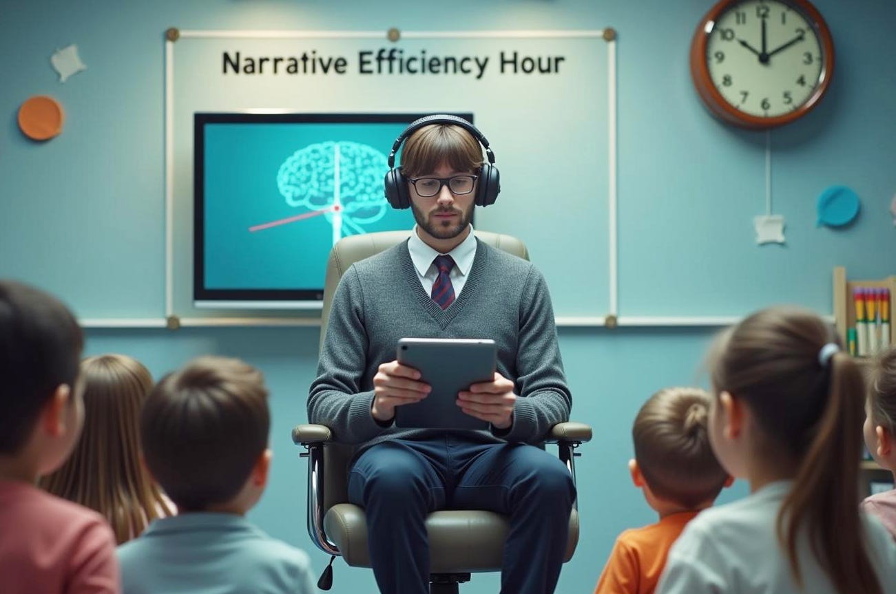 A serious young autistic engineer in a sweater, glasses and headphones reads a digital book to a group of kindergarten students during story hour. A flatscreen monitor behind him displays a Neuralink brain image.