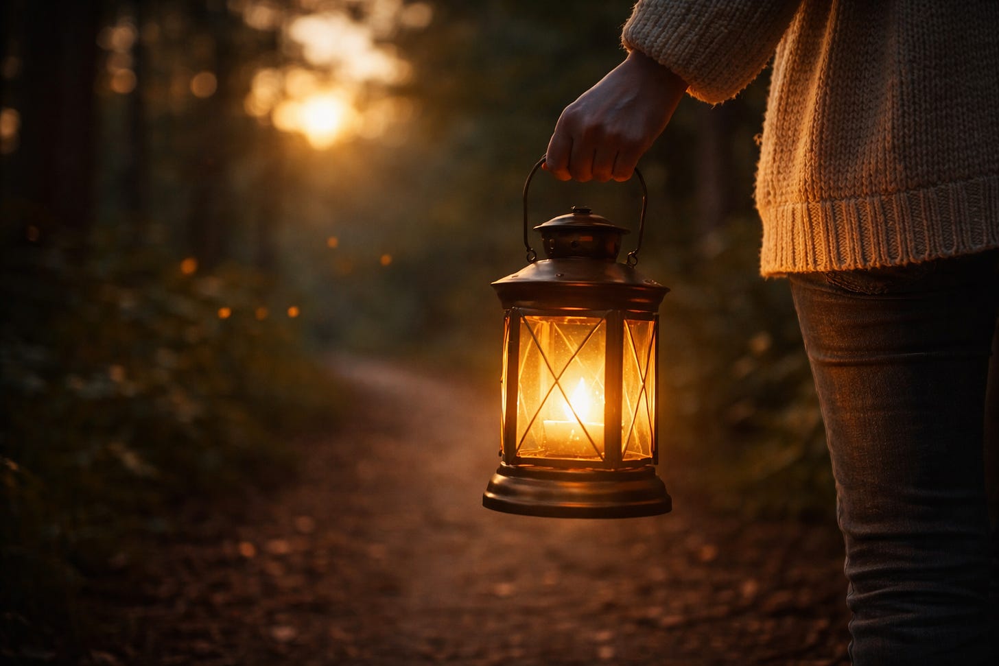 a flame in a lantern being carried along a forest path at dusk