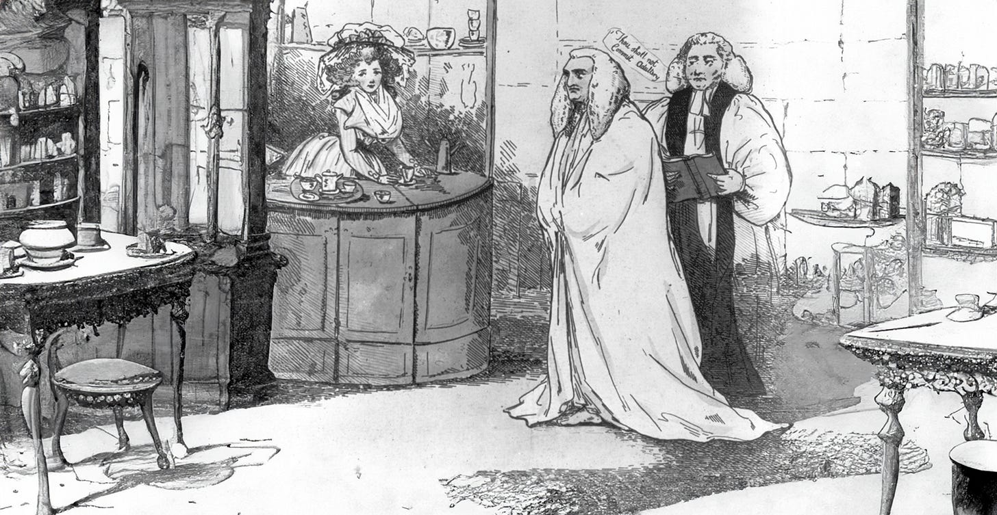 An 18th century cartoon showing three people in a coffee-house An 18th century cartoon showing three people in a coffee-house