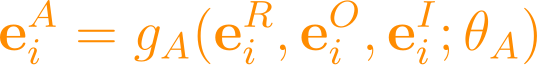 \mathbf{e}_i^A = g_A(\mathbf{e}_i^R, \mathbf{e}_i^O, \mathbf{e}_i^I; \theta_A)