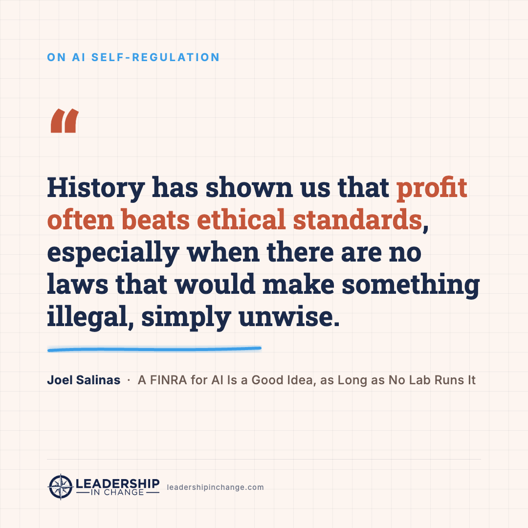 Quote card on cream graph paper reading “History has shown us that profit often beats ethical standards, especially when there are no laws that would make something illegal, simply unwise.” with “profit often beats ethical standards” in terracotta, attributed to Joel Salinas.