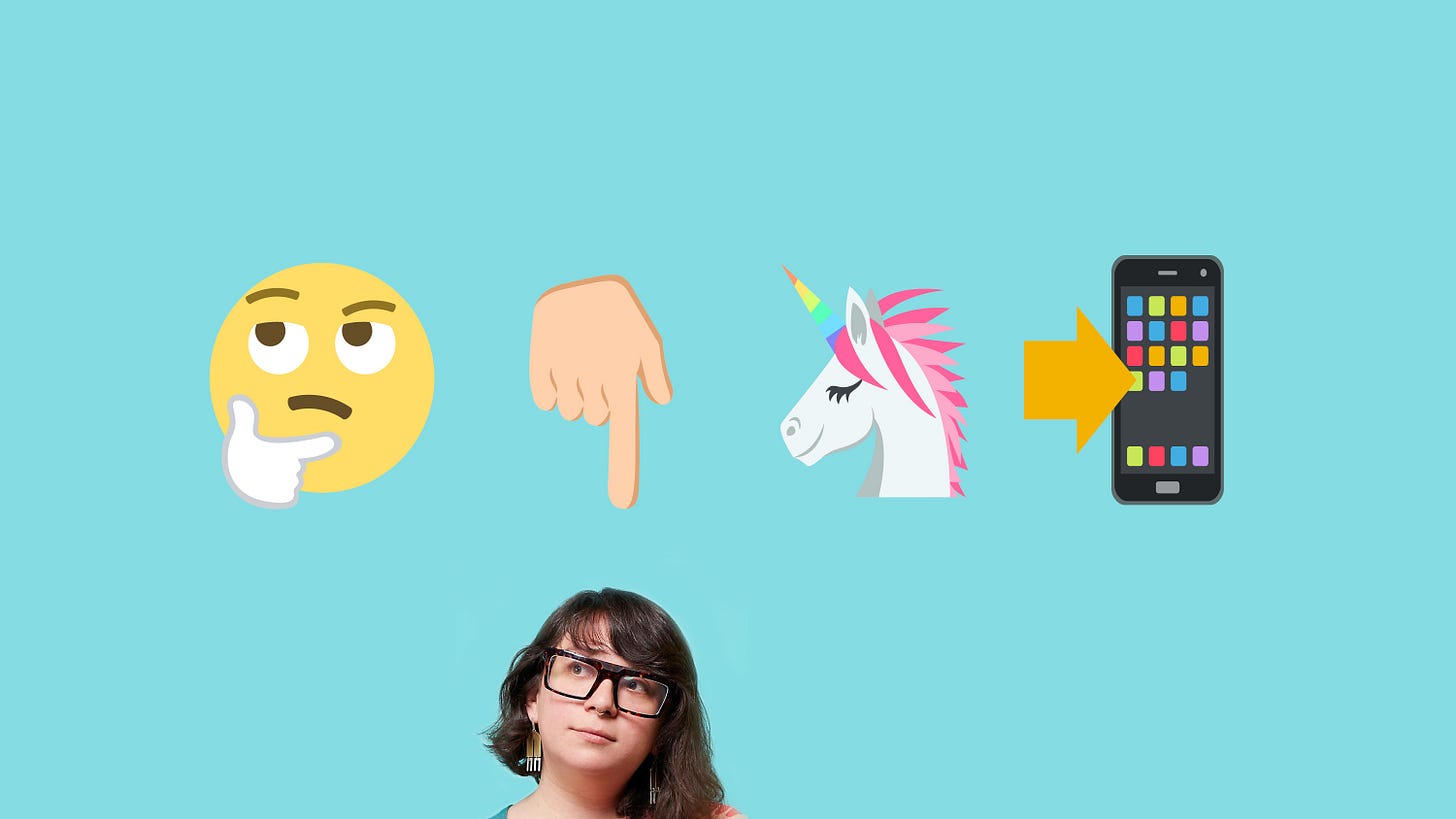 image in robin&#039;s egg blue background of woman at bottom jennifer daniel looking thoughtful with four emoji above her thinking face emoji hand pointing down emoji unicorn emoji and smartphone emoji