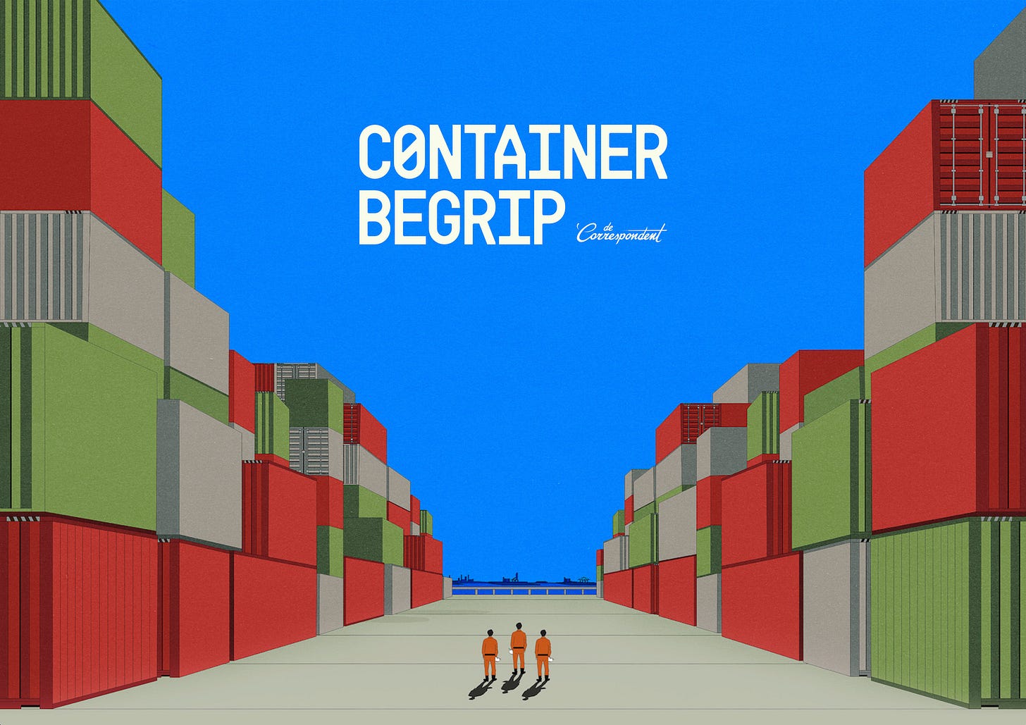 artwork van Containerbegrip. Het is een illustratie van een containerhaven met rode, groene en grijze containers opgestapeld tegen een blauwe lucht. Er straan drie kleine figuurtjes in het midden op de voorgrond, de titel en het lofo van de correspondent in het midden in de lucht.