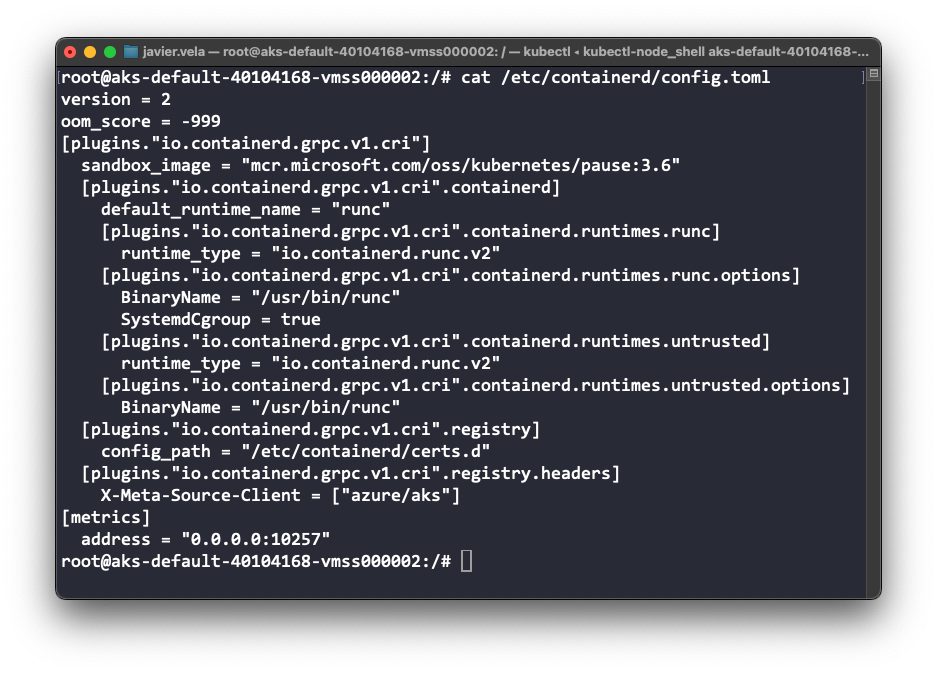 Archivo configuración containerd en un Azure Kubernetes Cluster Archivo configuración containerd en un Azure Kubernetes Cluster