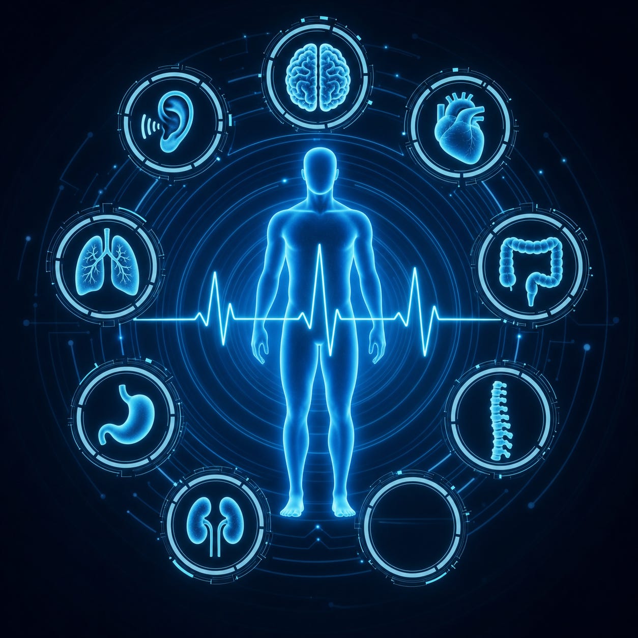Glowing bioresonance body scan with organ icons, dark tech style Glowing bioresonance body scan with organ icons, dark tech style