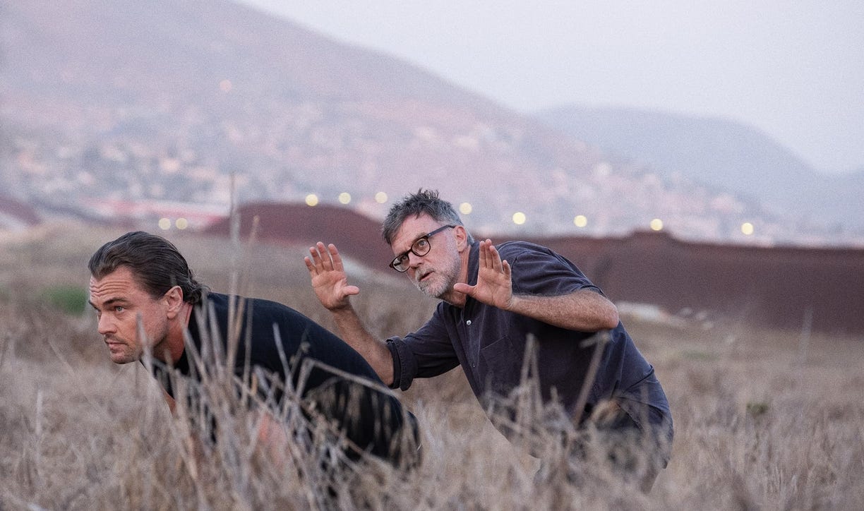 Leonardo DiCaprio and Paul Thomas Anderson on set of One Battle After Another
