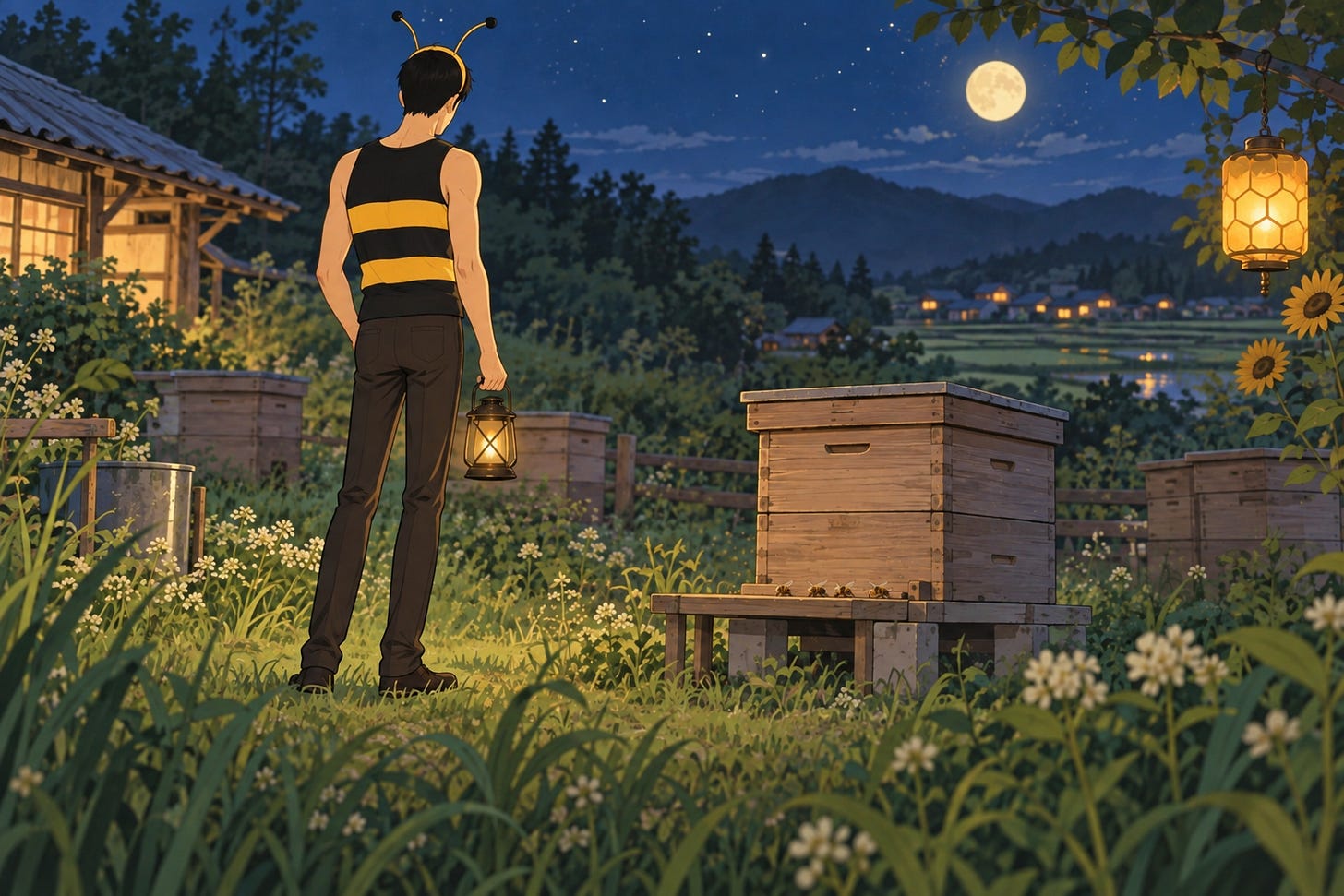 夜の巣箱のそばに立つ男性の後ろ姿のイラスト 夜の巣箱のそばに立つ男性の後ろ姿のイラスト
