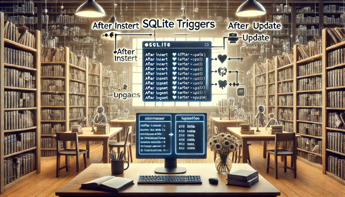 An image showing SQLite triggers in a library, with a computer screen and arrows illustrating automatic updates when a book is checked out.