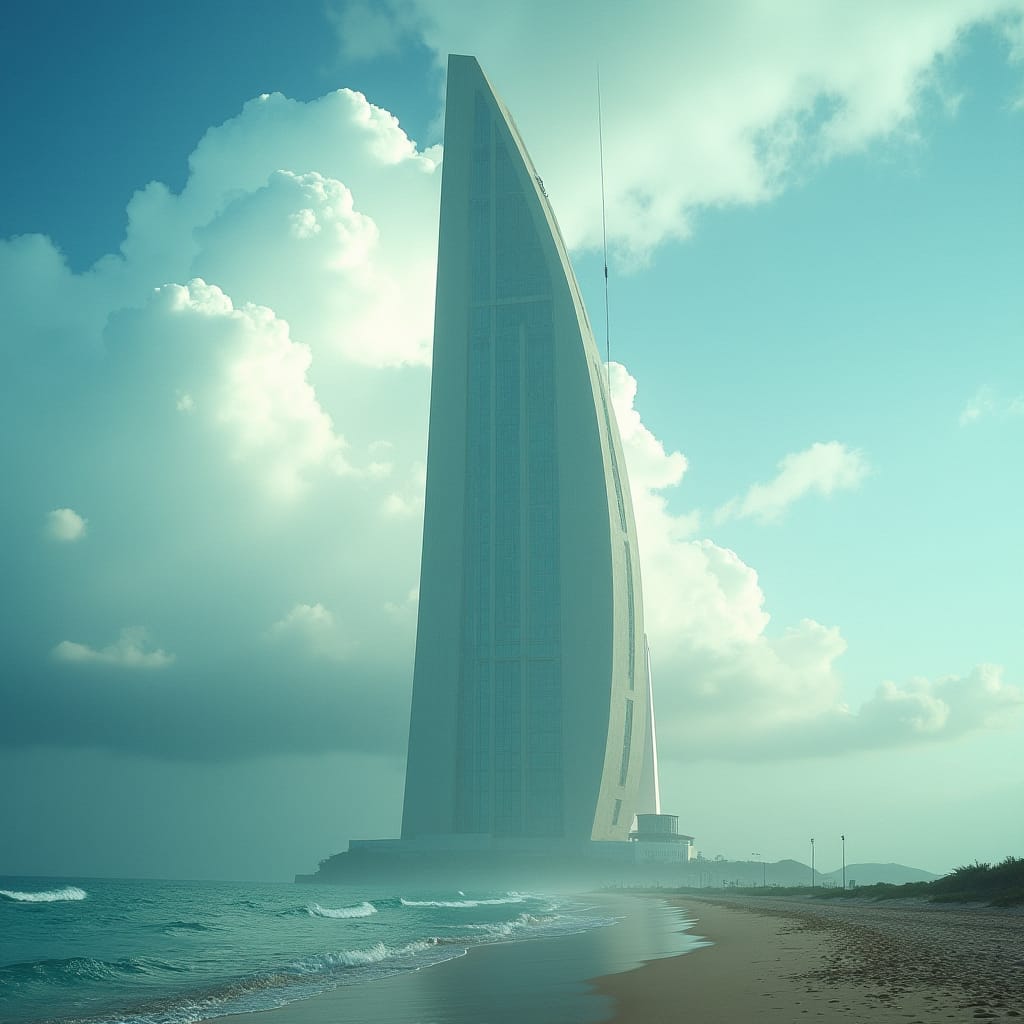 Massive,  modern cloud-piercing tower building on beach in jamaica