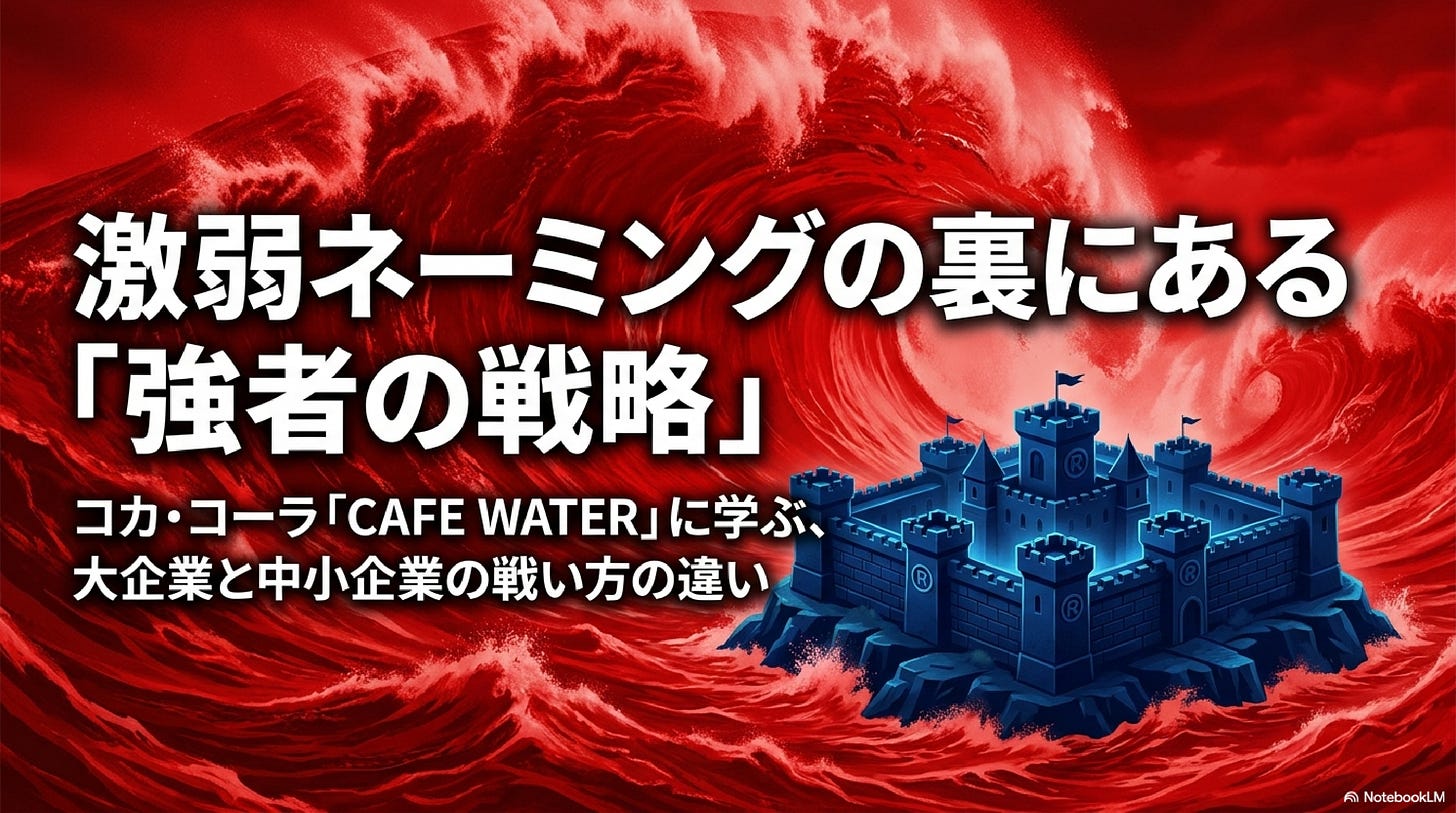 【アイキャッチ】赤い波(レッドオーシャン)を背景に、®マークの刻まれた青い城が建つアイキャッチ画像。「激弱ネーミングの裏にある『強者の戦略』」の文字。 【アイキャッチ】赤い波(レッドオーシャン)を背景に、®マークの刻まれた青い城が建つアイキャッチ画像。「激弱ネーミングの裏にある『強者の戦略』」の文字。