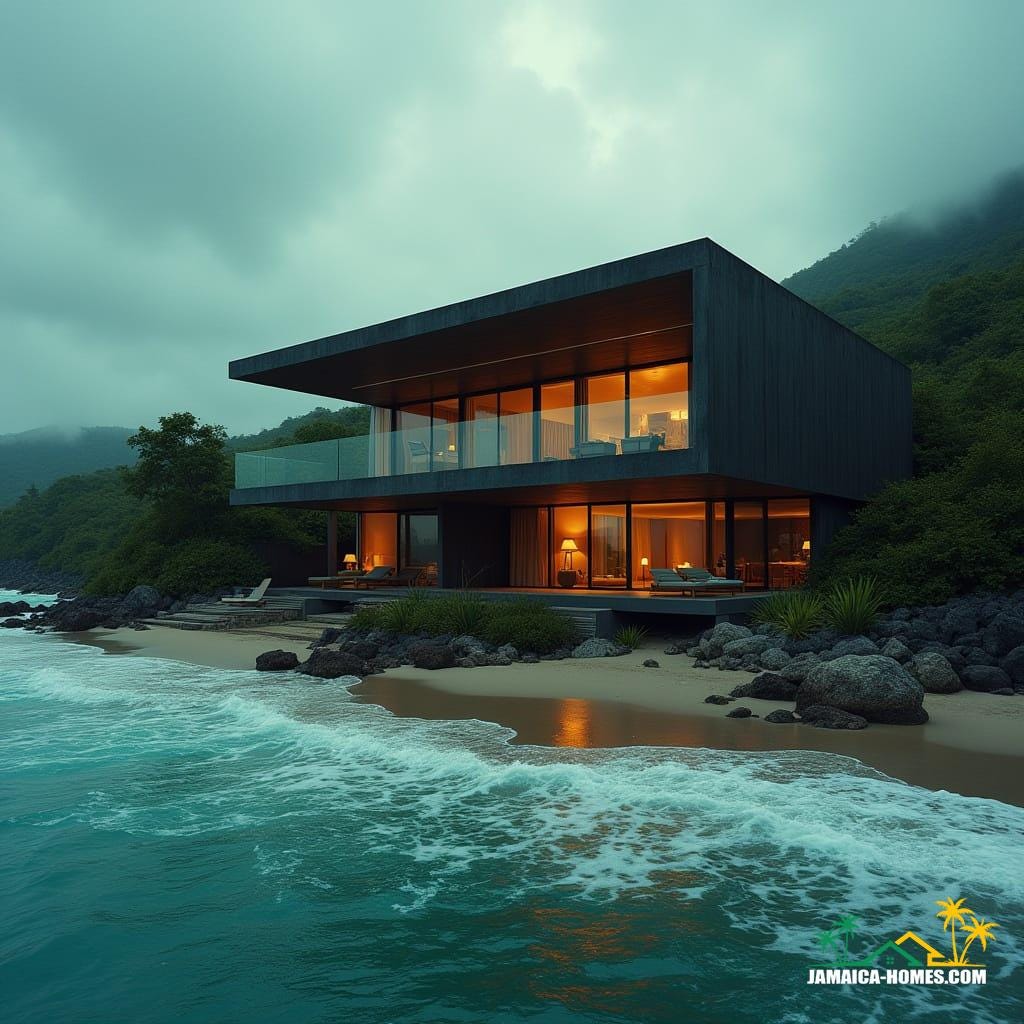 Moody, atmospheric Caribbean beachfront compound comprising a sleek, modern 4-storey steel frame square structure with dramatic, angular protrusions and expansive, cantilevered balconies, exuding an air of luxury and sophistication, set against a stunning Jamaican coastline backdrop with turquoise waves gently lapping at the shore, captured in a cinematic film still, rendered in the style of renowned cinematographer Emmanuel Lubezki, with the aesthetic of a Terrence Malick film, shot on a V-Raptor XL camera, replete with subtle film grain, nuanced vignette, and precise color grading, amplified by meticulous post-processing to evoke the warm, sun-kissed hue of 35mm film, bathed in dramatic, golden hour lighting that imbues the scene with a profound sense of depth and atmosphere, recalling the grandeur of epic cinema.