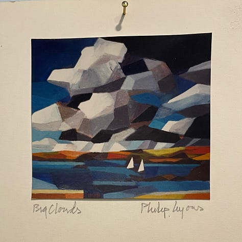 Photographs of geometric blue and earth-tone-coloured paintings of seaside scenes
