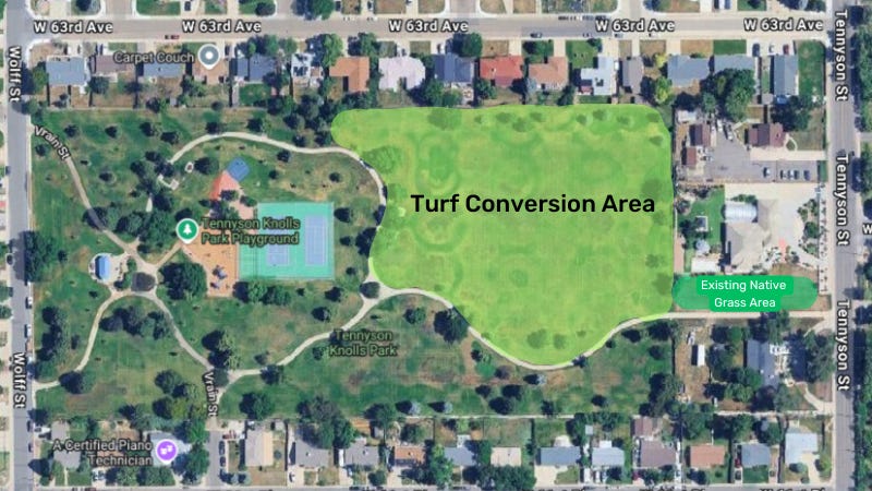 map of tennyson knolls with turf conversion area highlighted in light green in the northeast corner map of tennyson knolls with turf conversion area highlighted in light green in the northeast corner