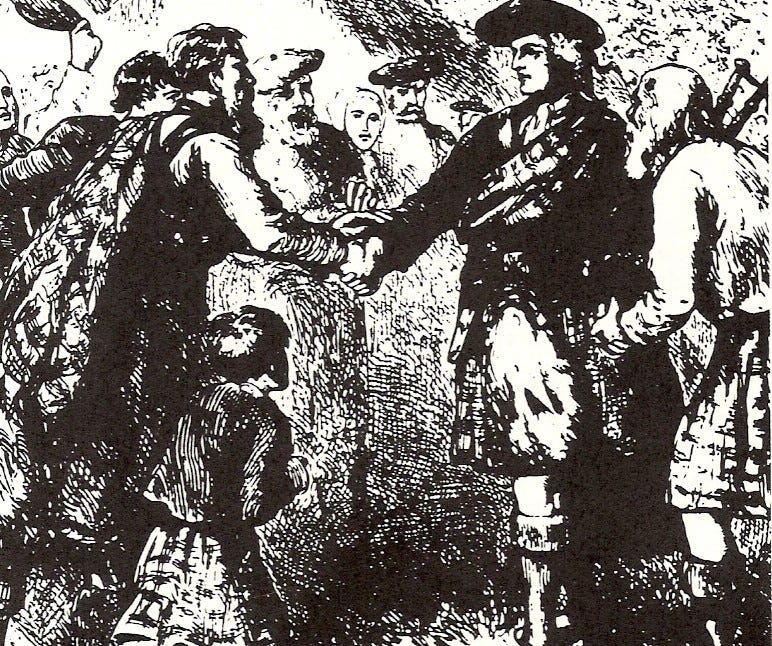 Man carrying tartan plaid blanket on shoulder shaking hands with man in full 19th century Scottish dress Man carrying tartan plaid blanket on shoulder shaking hands with man in full 19th century Scottish dress