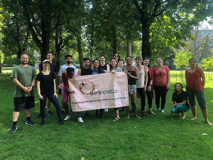 In the left-hand photo, a group of about 17 people are in a field with trees holding a banner that says 'BarBichette: smashing the patriarchy while saving the planet!'. In the right-hand photo, there is a close-up of someone's hands sewing up a hole in a bag on a wooden bench.