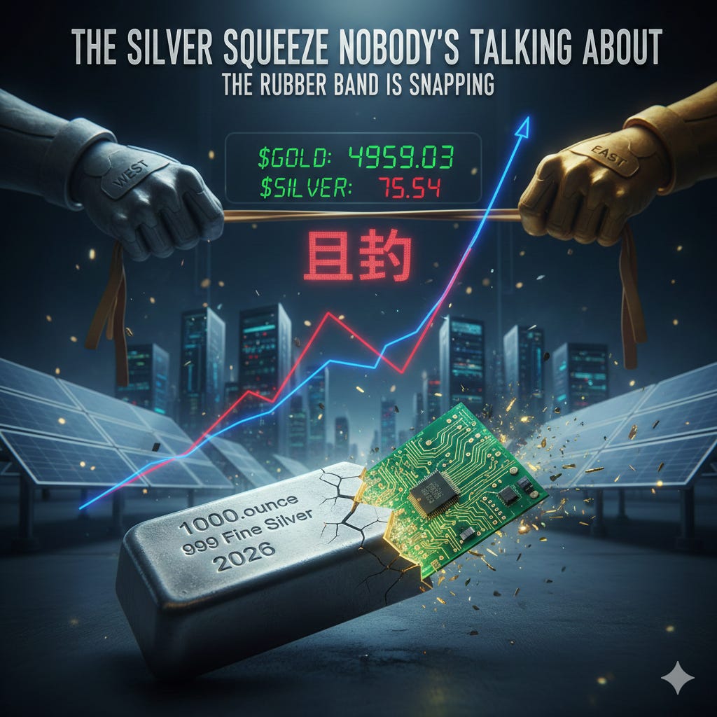 Financial infographic showing the 2026 Silver Squeeze with a 1000 oz silver bar breaking through a circuit board, featuring gold at 4959.03 and silver at 75.54. Background includes solar panels and data center servers to represent industrial demand Financial infographic showing the 2026 Silver Squeeze with a 1000 oz silver bar breaking through a circuit board, featuring gold at 4959.03 and silver at 75.54. Background includes solar panels and data center servers to represent industrial demand