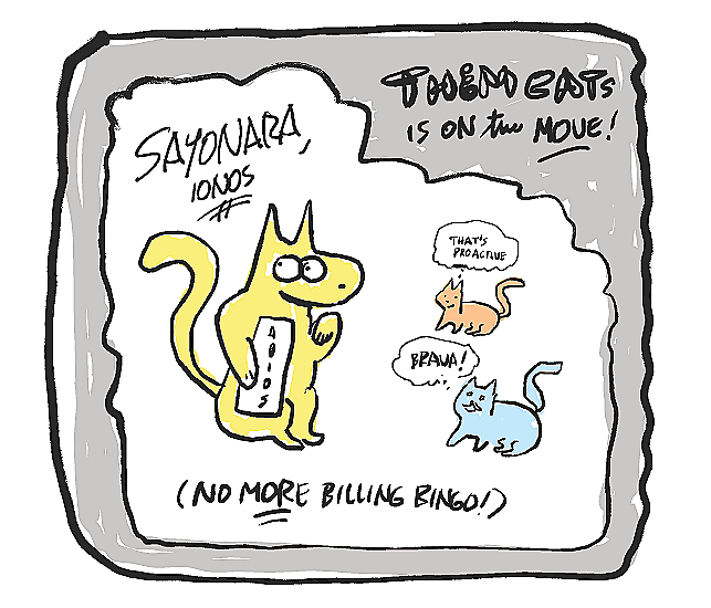 Me Cat (Yellow Cat) from THEM CATS says "Sayonara, IONOS" while carrying an "ADIOS" sign celebrating the comic's website migration.