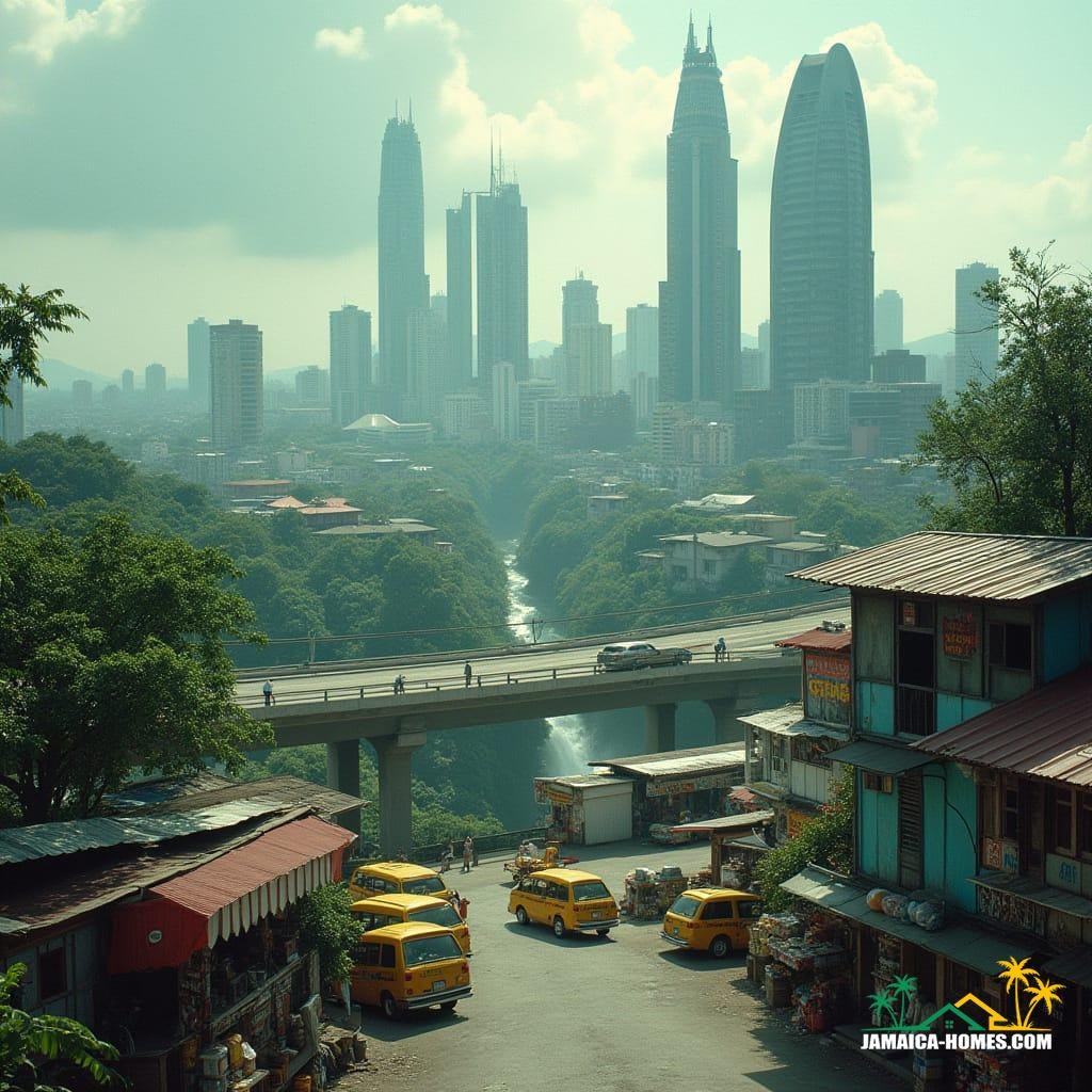 A futuristic skyline with sleek glass towers, highway snaking through, petrol stations and convenience stores mid-level, colorful Jamaican minibuses on elevated roads, waterfalls and area between flat bridge and Ocho Rios between facades, vibrant market stalls on rooftop terraces, in a cinematic film still style, reminiscent of Blade Runner, with a hint of Syd Mead and Ash Thorp's futuristic neon aesthetic, shot on 35mm film with a v-raptor XL, incorporating film grain, vignette, and cinematic lighting, color graded for a dramatic atmosphere.