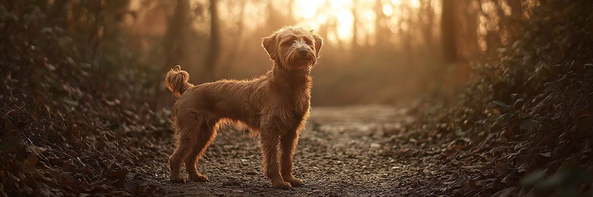 Rescue dog on forest trail at sunrise, symbolizing resilience and strength. Inspired by THiNK LiKE A DOG personal growth mindset.