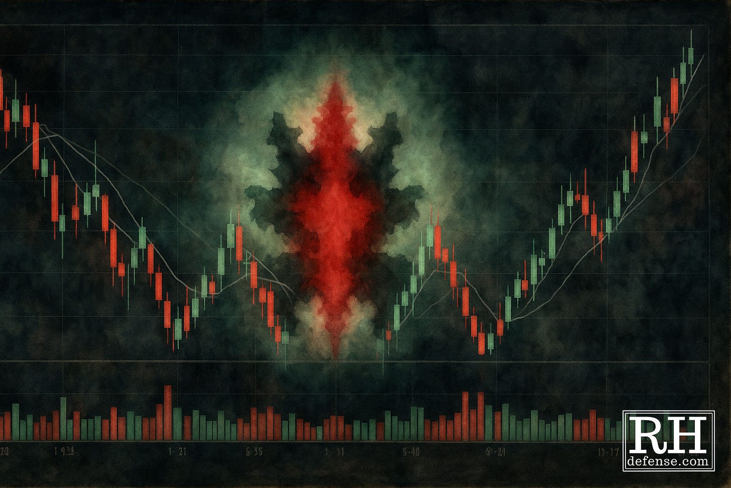 A candlestick stock chart rendered in a dark watercolor-and-oil style, with a red-and-green Rorschach-like inkblot emerging from the center as if traders are projecting patterns onto random market noise.