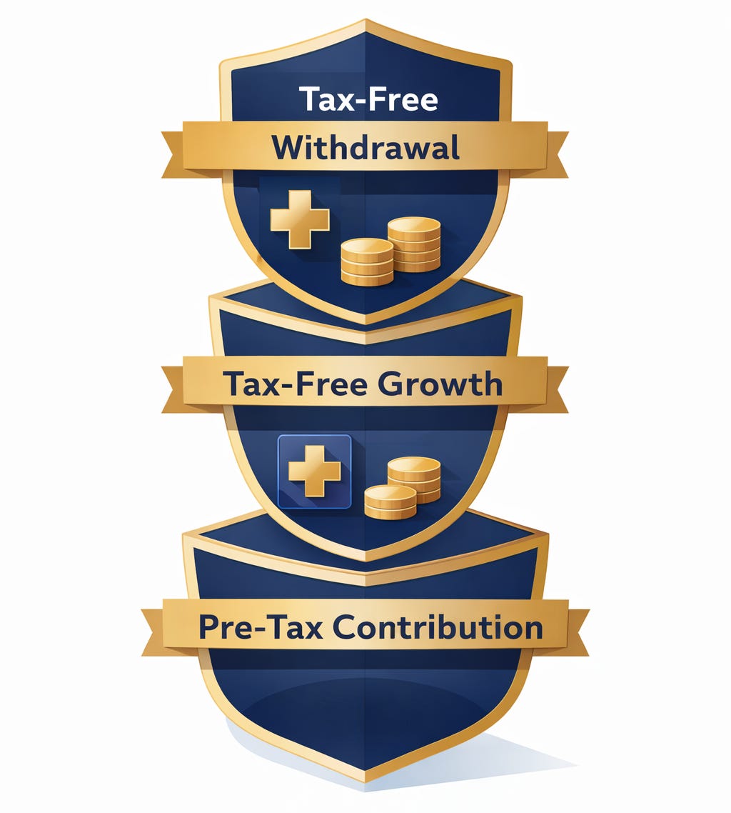 Illustration of three stacked layers labeled Pre-Tax Contribution, Tax-Free Growth, and Tax-Free Withdrawal, representing the HSA triple tax advantage, with a medical cross and coins visible inside the structure