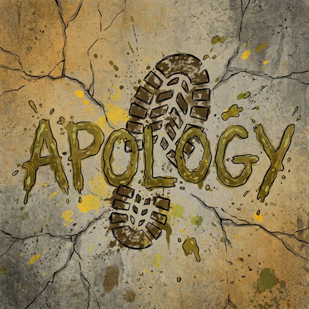 The word Apoloogy stepped on by a footprint.