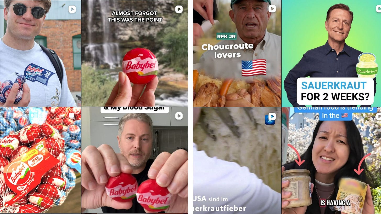 Des captures d’écran d’Instagram montrant des vidéos sur l’engouement pour le Babybel français et la choucroute aux États-Unis.