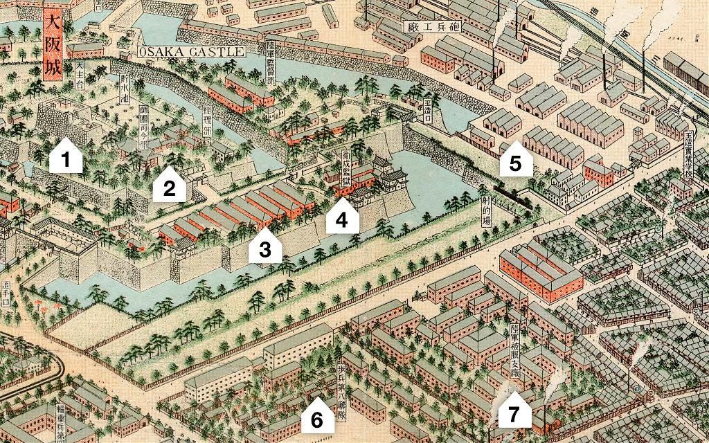 View on Osaka Castle on an illustrated map from 1924 View on Osaka Castle on an illustrated map from 1924