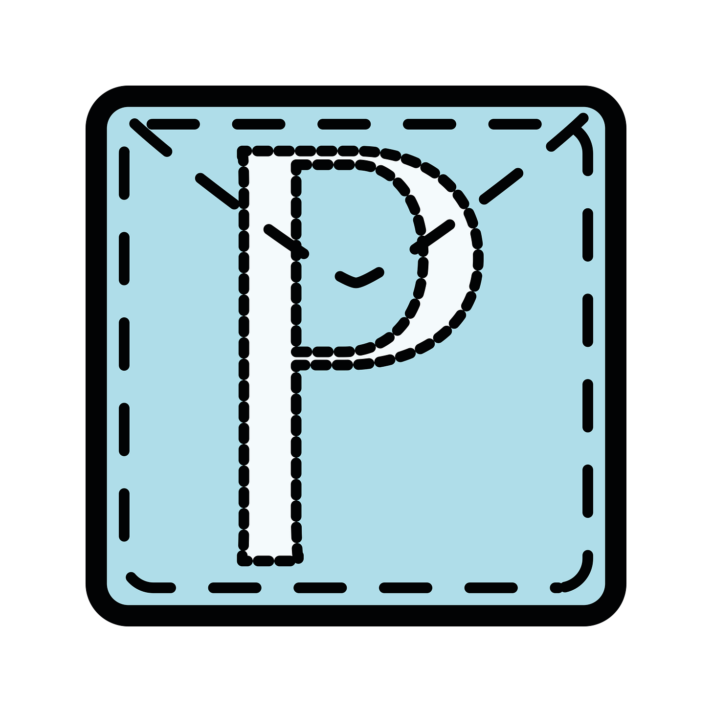 a light blue logo in the shape of a pocket, with a capital P in the centre a light blue logo in the shape of a pocket, with a capital P in the centre