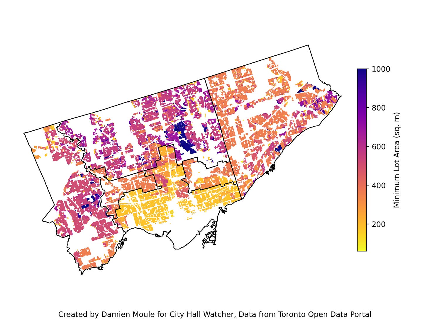 A map of Toronto showing the minimum lot sizes prescribed in various areas A map of Toronto showing the minimum lot sizes prescribed in various areas