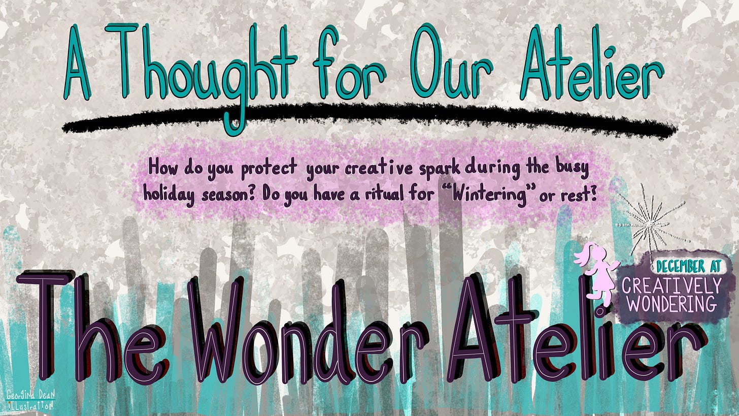 A hand-drawn digital illustration on a textured beige background. The title "A Thought for Our Atelier" is written in bold, playful lettering at the top. Below, a simple circular doodle is adorned with small leaf motifs, creating a gentle and reflective mood. The overall style is minimalist and organic.