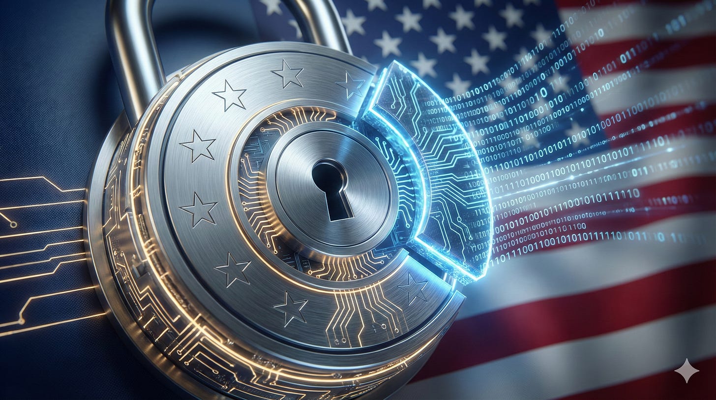 A futuristic digital lock with EU stars integrated, partially opening toward an American flag pattern in the background.