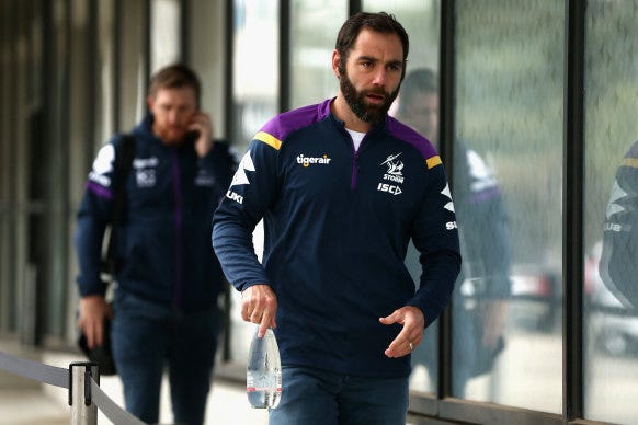Cameron Smith arrives for a briefing session for players and staff at AAMI Park on Monday.